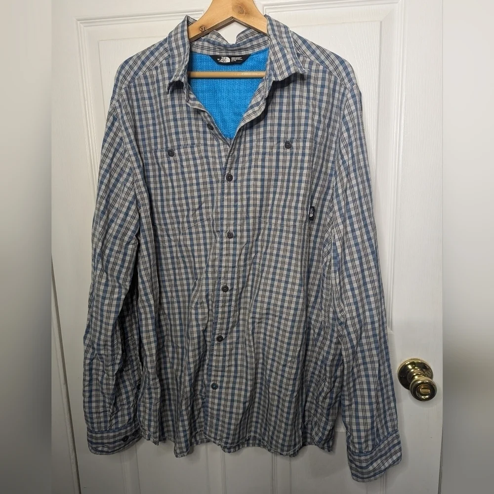 North Face Mens Shirt Plaid Roll Tab Gray Blue Long Sleeve Size XL Top Hiking